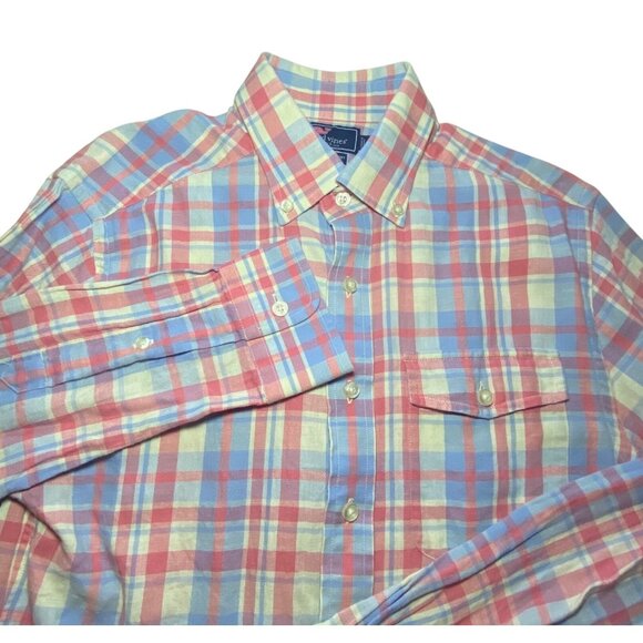 Vineyard Vines Slim Fit Crosby Shirt Plaid Cotton Linen Long Sleeve Resort Vacay - Picture 1 of 7